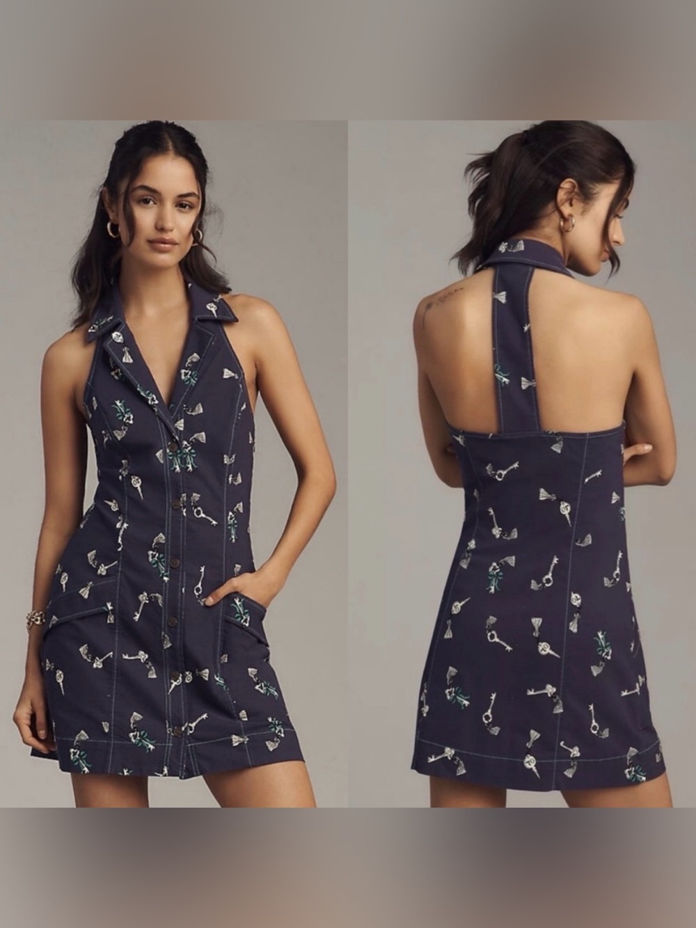 Anthropologie Navy Key-Print Halter Mini Dress